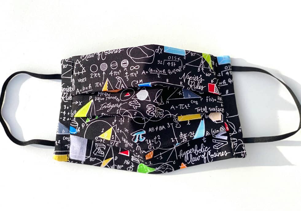 Equations Mask | black fabric with white handwritten font of various equations and colourful geometric shapes