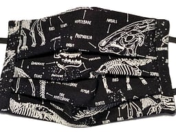 Black fabric mask closeup with dinosaur skeleton pattern with labelled bones