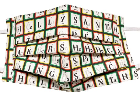 mask with White fabric with periodic table style pattern containing elements spelling out Christmas themed words