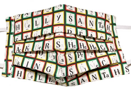 mask with White fabric with periodic table style pattern containing elements spelling out Christmas themed words