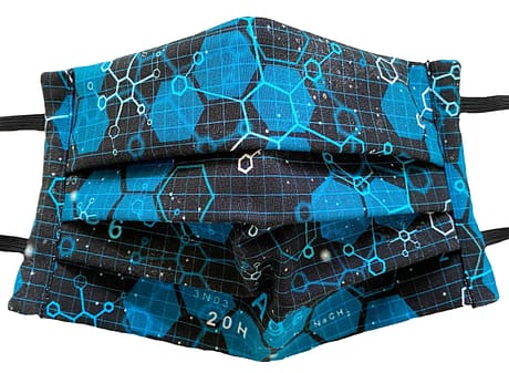Black fabric mask with pattern of molecules and chemical names