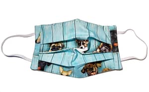 Turquoise painted wood background fabric mask longshot with various dog breeds pattern