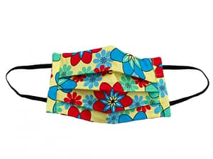 Yellow fabric with red, blue and turquoise flower shapes that resemble atomic symbols mask longshot