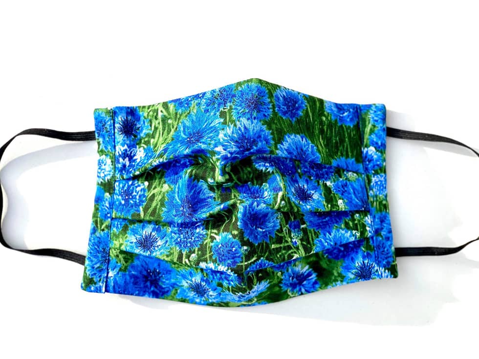 Cornflower Meadow Mask | fabric with grass background with realistic images of cornflowers