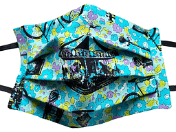 Turquoise and yellow flower fabric mask with black imprints of vintage stamps in pattern of cycles bottles and merry go round