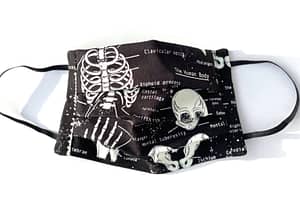 Glow in the Dark Skeletons Mask | black mask with glow in the dark white skeleton illustrations and labelled names of parts of human body