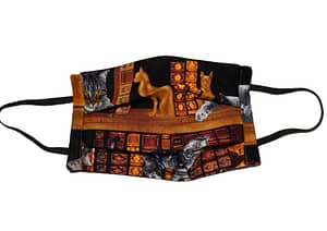 Black fabric mask longshot with bookshelf and cats playing and sleeping pattern
